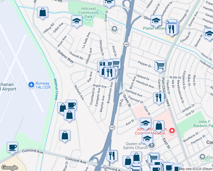 map of restaurants, bars, coffee shops, grocery stores, and more near 2766 Argyll Avenue in Concord