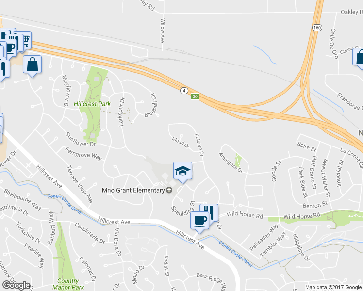 map of restaurants, bars, coffee shops, grocery stores, and more near 3935 Mead Street in Antioch