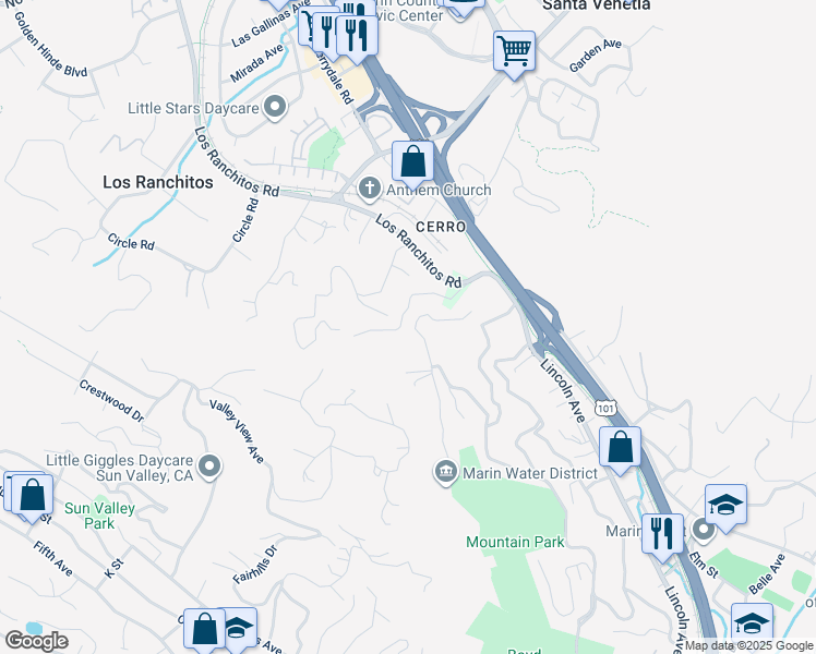 map of restaurants, bars, coffee shops, grocery stores, and more near 21 Red Rock Way in San Rafael