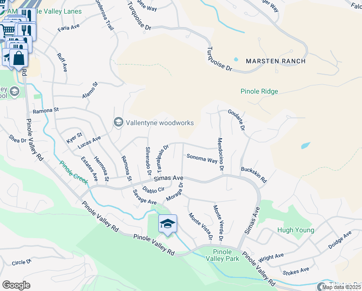 map of restaurants, bars, coffee shops, grocery stores, and more near 2651 Tamalpais Drive in Pinole