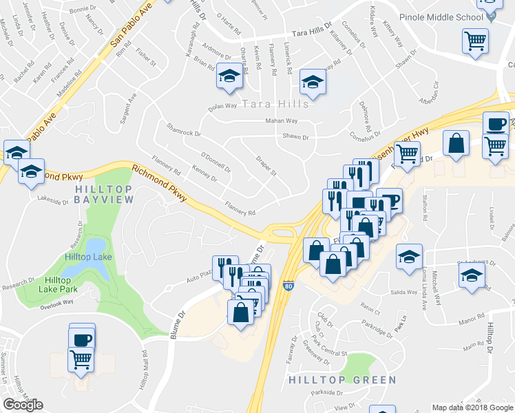 map of restaurants, bars, coffee shops, grocery stores, and more near 2919 Flannery Road in San Pablo