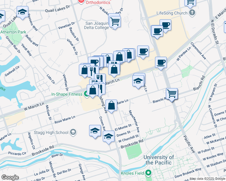 map of restaurants, bars, coffee shops, grocery stores, and more near 1130 Monaco Court in Stockton