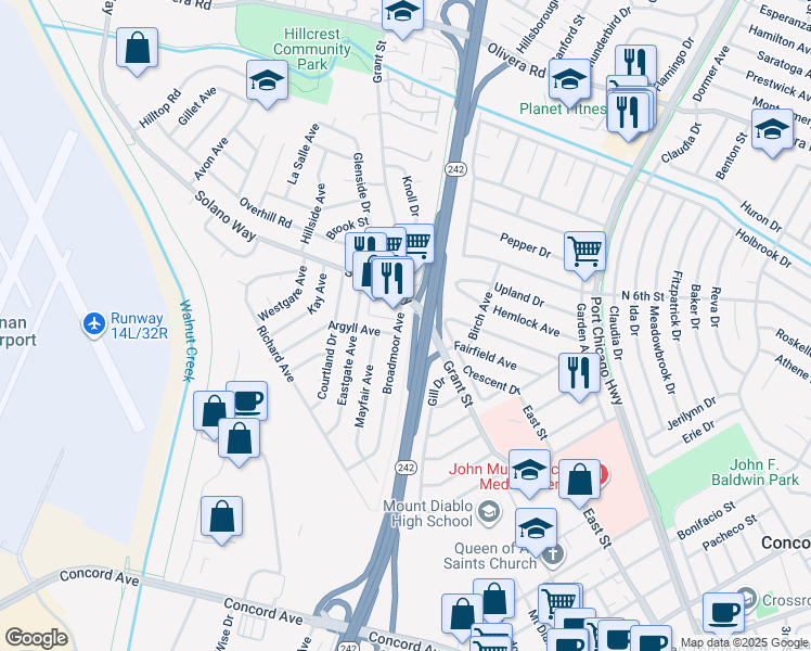 map of restaurants, bars, coffee shops, grocery stores, and more near 2190 Solano Way in Concord