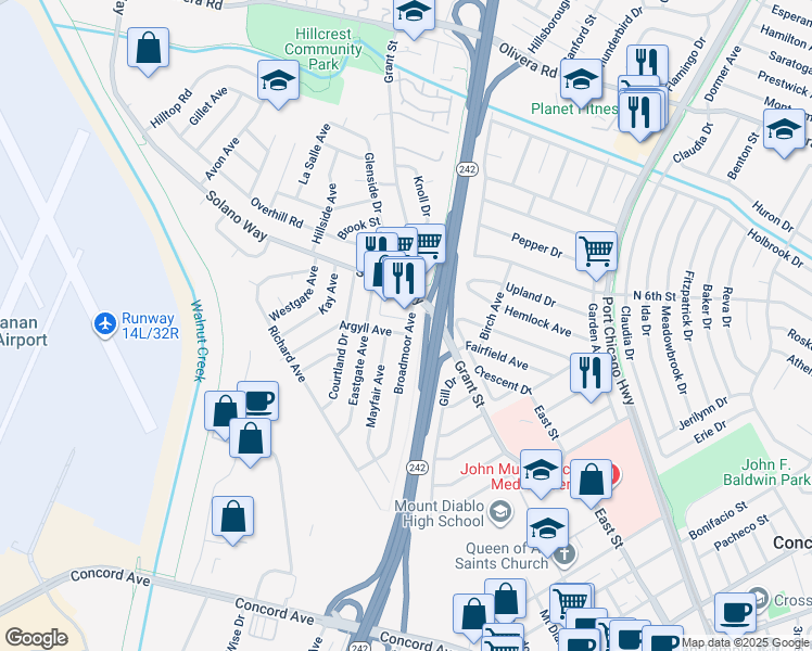 map of restaurants, bars, coffee shops, grocery stores, and more near 2190 Solano Way in Concord