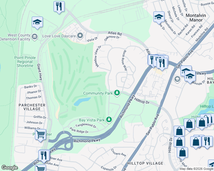 map of restaurants, bars, coffee shops, grocery stores, and more near 3612 Sky Park Place in Richmond