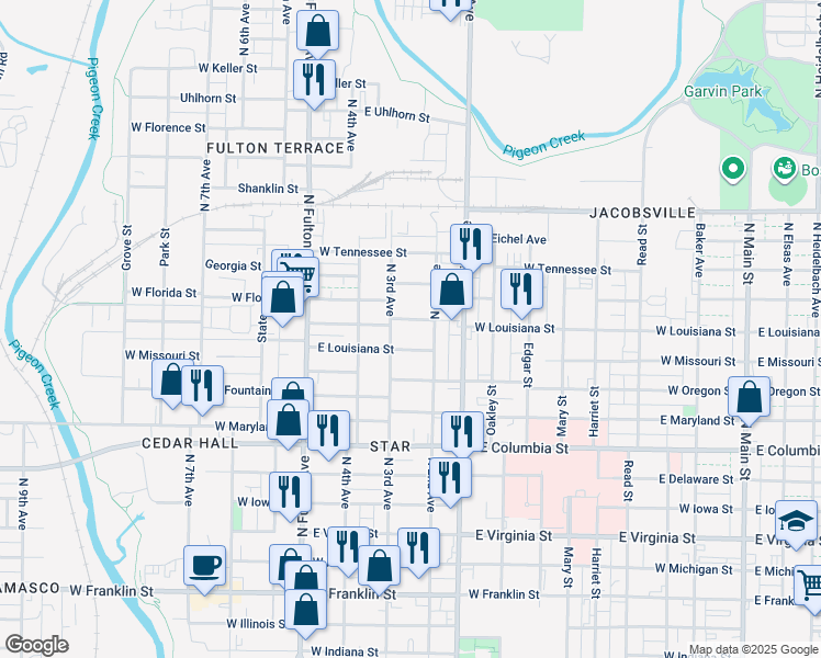 map of restaurants, bars, coffee shops, grocery stores, and more near 1205 North 3rd Avenue in Evansville