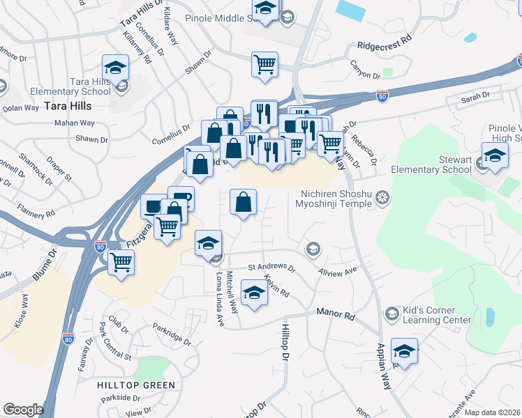 map of restaurants, bars, coffee shops, grocery stores, and more near 1155 Kelvin Road in El Sobrante