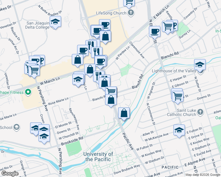 map of restaurants, bars, coffee shops, grocery stores, and more near Pacific Avenue & Tuolumne Place in Stockton