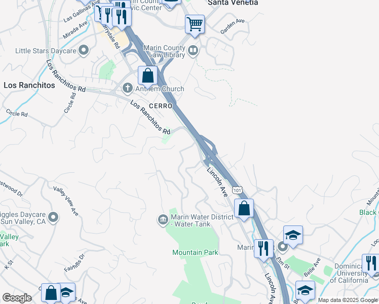 map of restaurants, bars, coffee shops, grocery stores, and more near 108 Fair Drive in San Rafael