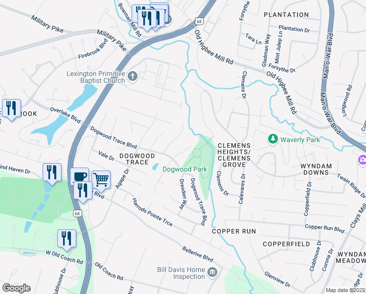 map of restaurants, bars, coffee shops, grocery stores, and more near 4701 Scenicview Road in Lexington