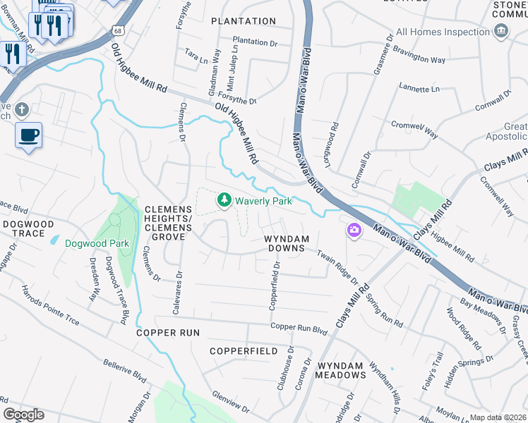 map of restaurants, bars, coffee shops, grocery stores, and more near 4328 Steamboat Road in Lexington