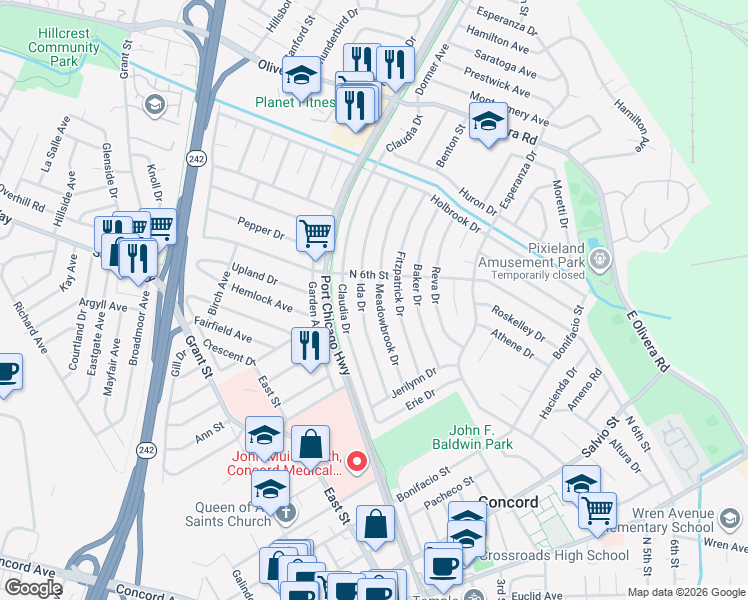 map of restaurants, bars, coffee shops, grocery stores, and more near 3179 Meadowbrook Drive in Concord