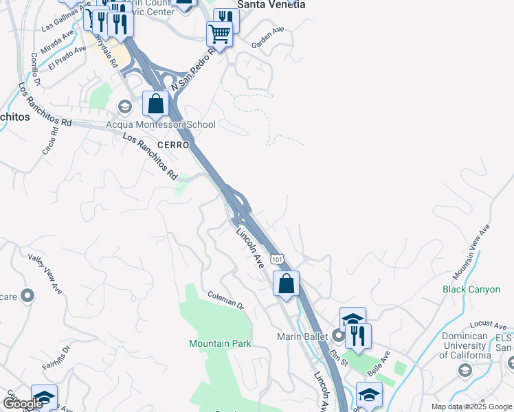 map of restaurants, bars, coffee shops, grocery stores, and more near 230 Villa Avenue in San Rafael
