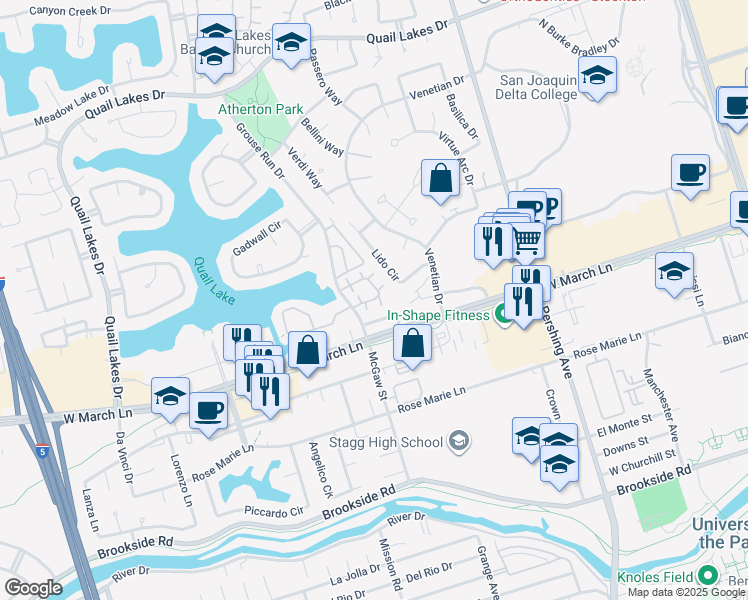 map of restaurants, bars, coffee shops, grocery stores, and more near 2269 Lido Circle in Stockton