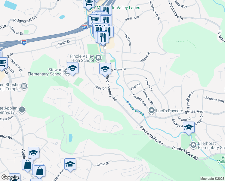 map of restaurants, bars, coffee shops, grocery stores, and more near 2312 Granada Court in Pinole
