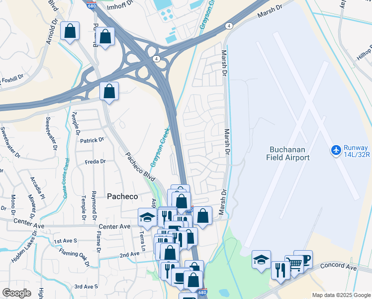 map of restaurants, bars, coffee shops, grocery stores, and more near 189 Suez Drive in Pacheco