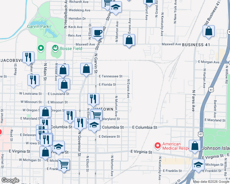 map of restaurants, bars, coffee shops, grocery stores, and more near 703 East Florida Street in Evansville