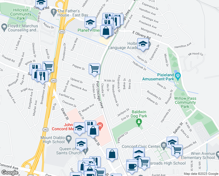 map of restaurants, bars, coffee shops, grocery stores, and more near 3180 Ida Drive in Concord