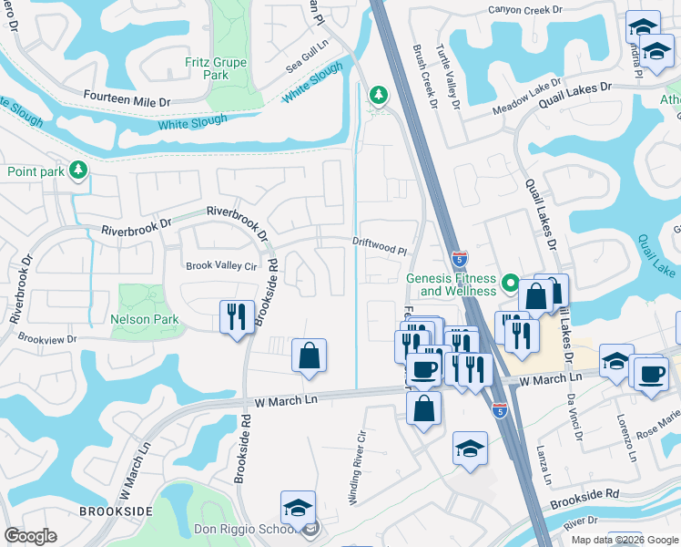 map of restaurants, bars, coffee shops, grocery stores, and more near 2930 Driftwood Place in Stockton