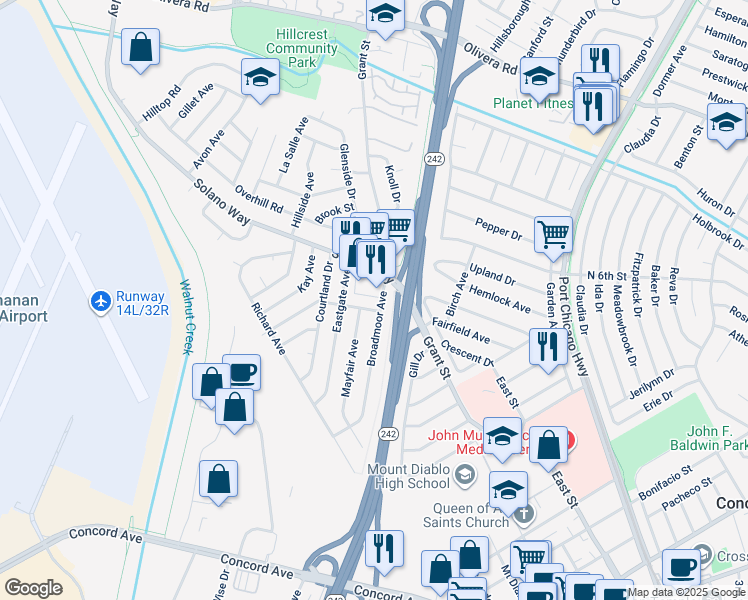 map of restaurants, bars, coffee shops, grocery stores, and more near 2190 Solano Way in Concord