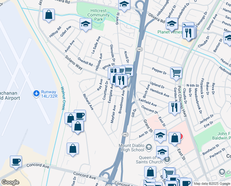 map of restaurants, bars, coffee shops, grocery stores, and more near 2812 Eastgate Avenue in Concord