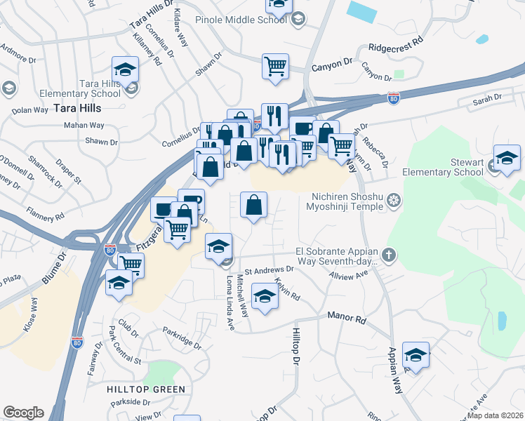 map of restaurants, bars, coffee shops, grocery stores, and more near 1120 Mitchell Way in El Sobrante