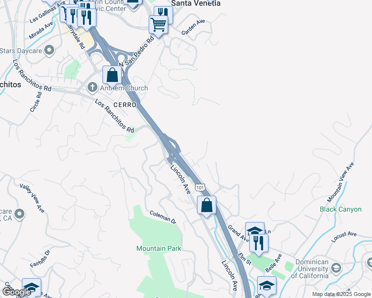 map of restaurants, bars, coffee shops, grocery stores, and more near 230 Villa Avenue in San Rafael