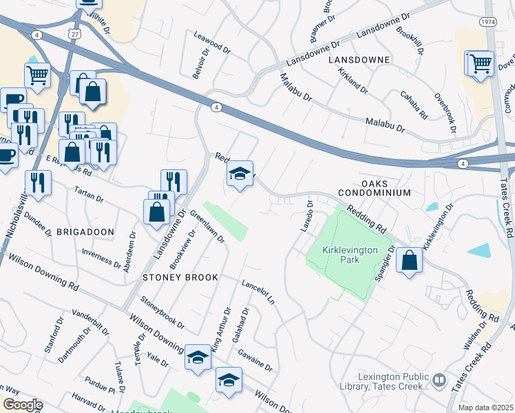 map of restaurants, bars, coffee shops, grocery stores, and more near 340 Redding Road in Lexington