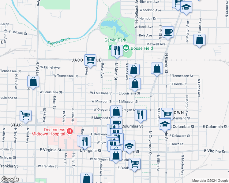 map of restaurants, bars, coffee shops, grocery stores, and more near 1218 North Main Street in Evansville