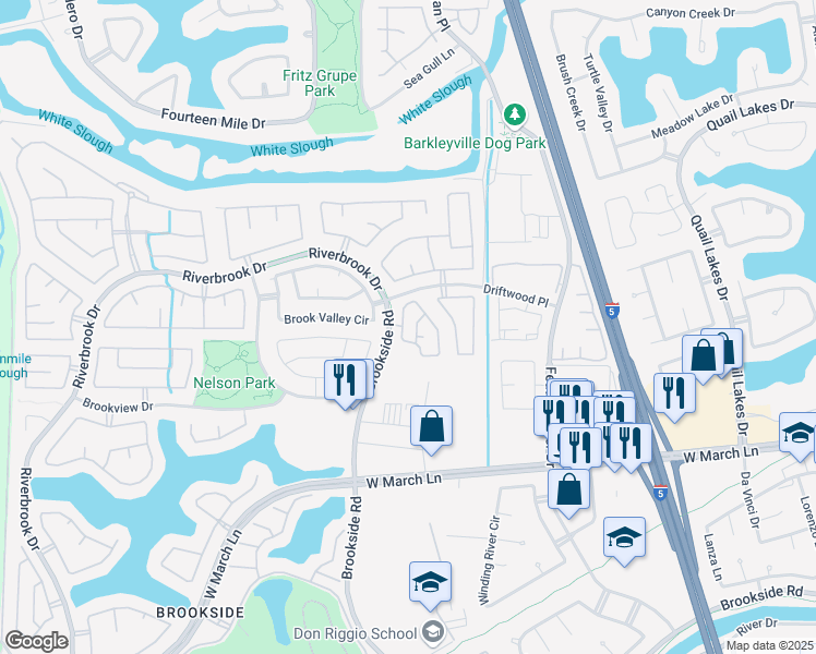 map of restaurants, bars, coffee shops, grocery stores, and more near 3767 Whispering Creek Circle in Stockton