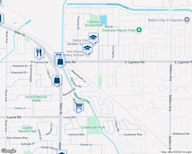 map of restaurants, bars, coffee shops, grocery stores, and more near 2010 Michelangelo Drive in Oakley