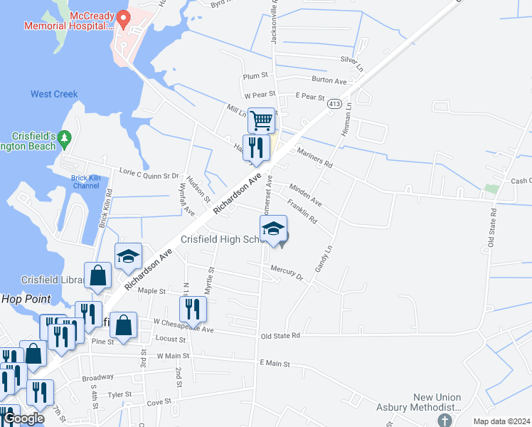 map of restaurants, bars, coffee shops, grocery stores, and more near 10 Standard Avenue in Crisfield