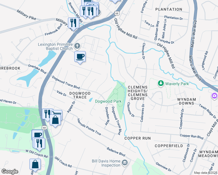 map of restaurants, bars, coffee shops, grocery stores, and more near 4701 Scenicview Road in Lexington