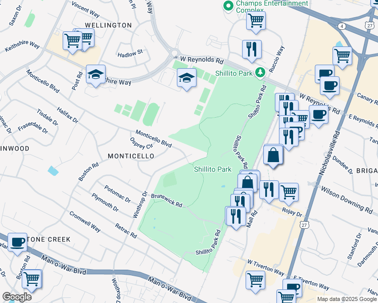 map of restaurants, bars, coffee shops, grocery stores, and more near 3367 Winthrop Drive in Lexington