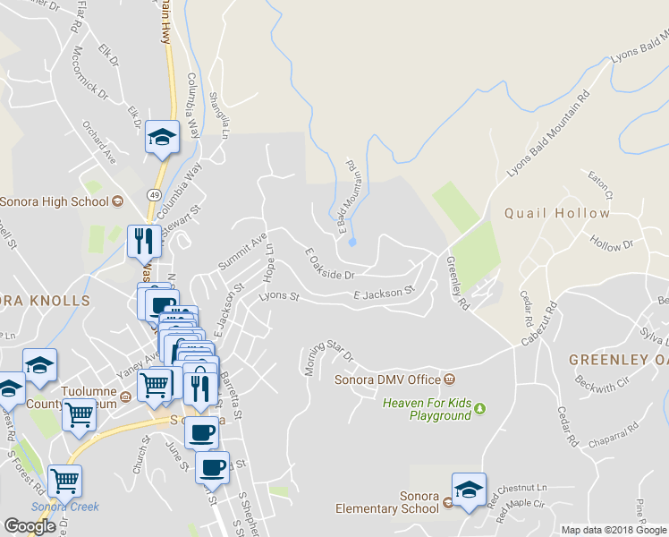 map of restaurants, bars, coffee shops, grocery stores, and more near 580 East Oakside Drive in Sonora