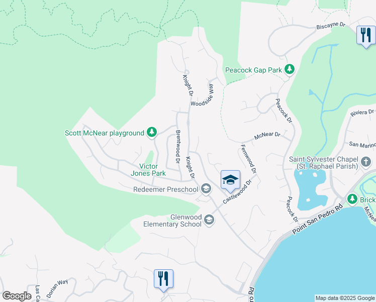 map of restaurants, bars, coffee shops, grocery stores, and more near Knight Drive & Cottonwood Drive in San Rafael