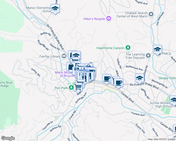 map of restaurants, bars, coffee shops, grocery stores, and more near 38 Taylor Drive in Fairfax