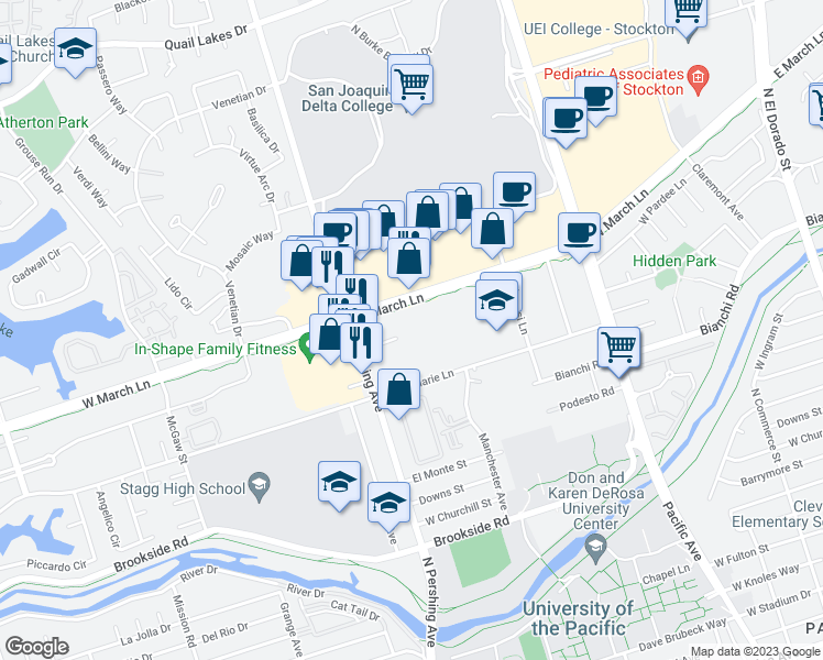 map of restaurants, bars, coffee shops, grocery stores, and more near 1130 Monaco Court in Stockton