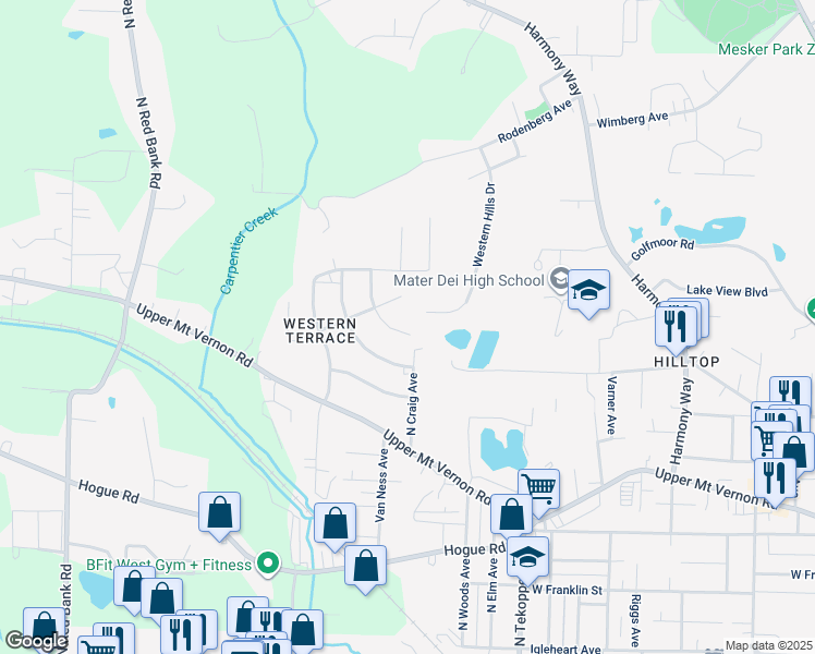 map of restaurants, bars, coffee shops, grocery stores, and more near 4001 West Oregon Street in Evansville