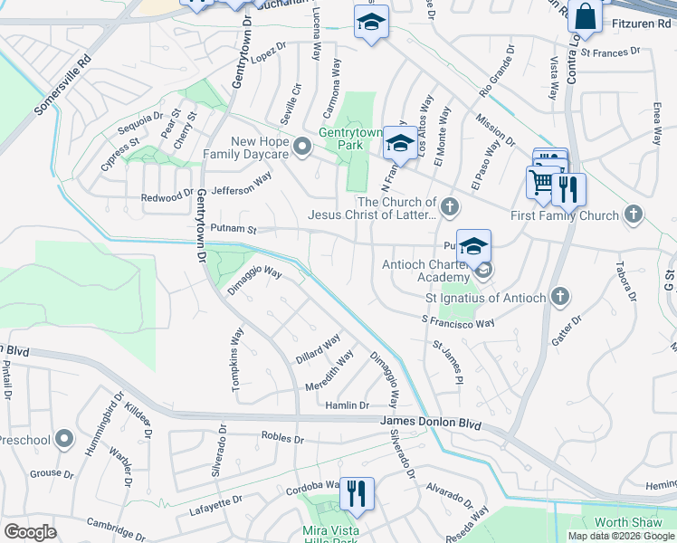 map of restaurants, bars, coffee shops, grocery stores, and more near 3125 Jackson Place in Antioch