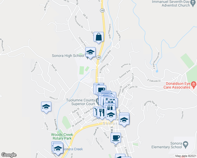 map of restaurants, bars, coffee shops, grocery stores, and more near 247 North Washington Street in Sonora