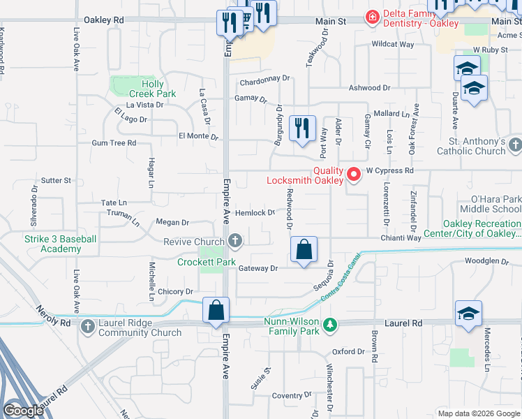 map of restaurants, bars, coffee shops, grocery stores, and more near 305 Helena Court in Oakley