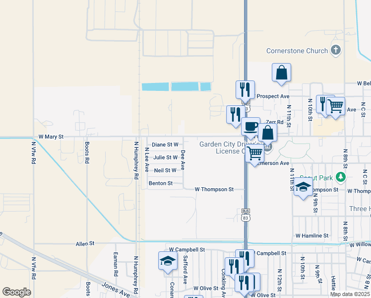 map of restaurants, bars, coffee shops, grocery stores, and more near 2560-2598 Dee Avenue in Garden City