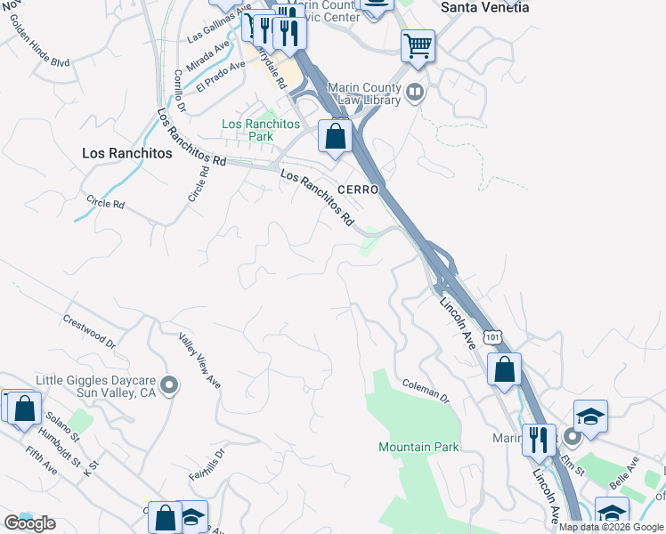 map of restaurants, bars, coffee shops, grocery stores, and more near 15 Red Rock Way in San Rafael