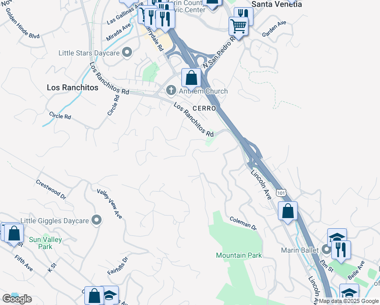 map of restaurants, bars, coffee shops, grocery stores, and more near 21 Red Rock Way in San Rafael