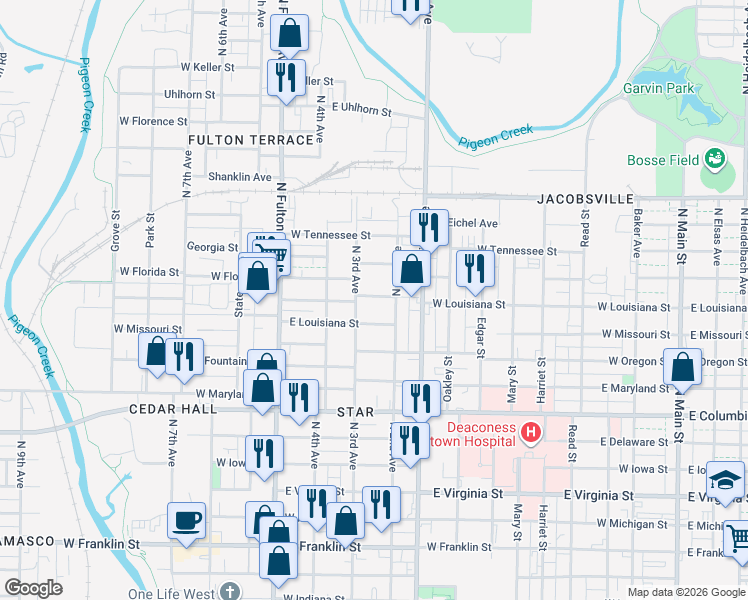 map of restaurants, bars, coffee shops, grocery stores, and more near 1205 North 3rd Avenue in Evansville