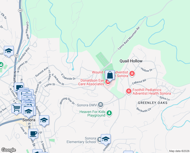 map of restaurants, bars, coffee shops, grocery stores, and more near 562-598 Lyons Bald Mountain Road in Sonora