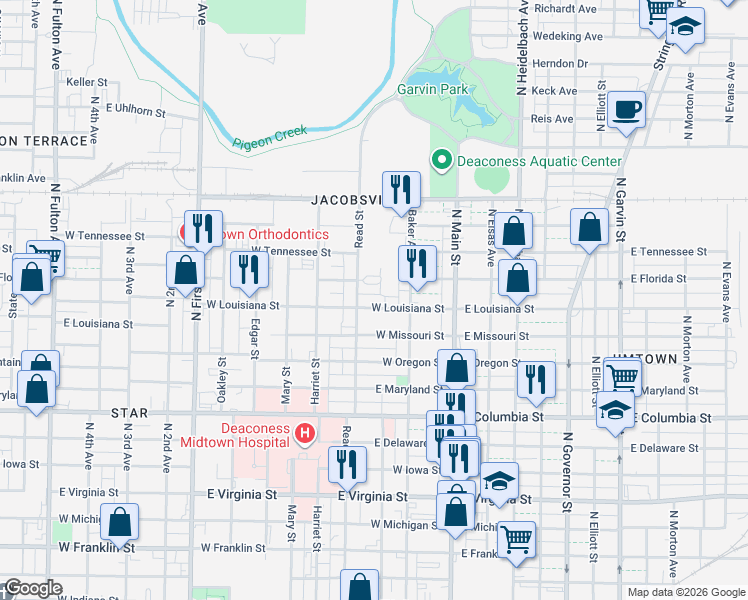 map of restaurants, bars, coffee shops, grocery stores, and more near 201 West Louisiana Street in Evansville