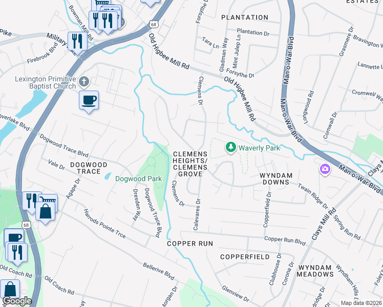 map of restaurants, bars, coffee shops, grocery stores, and more near 2001 Twain Ridge Drive in Lexington