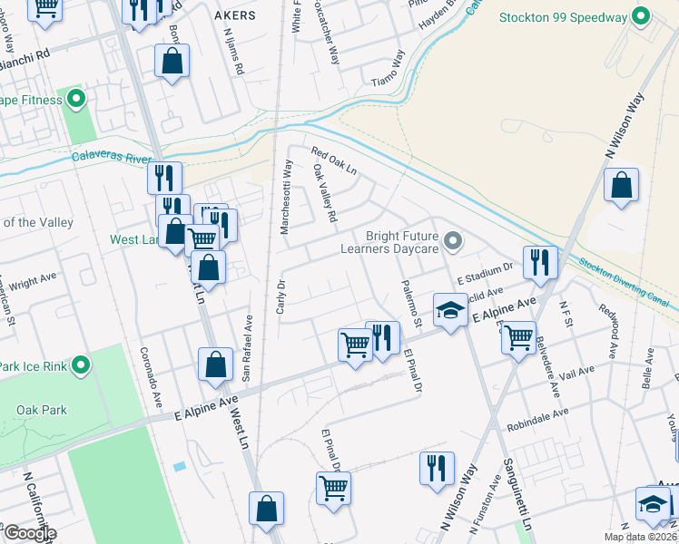 map of restaurants, bars, coffee shops, grocery stores, and more near 3651 Mcguire Dr in Stockton